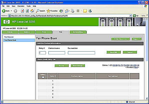 Fax Phone Book Software description Figure 2-42 Fax Phone Book screen Use the Fax Phone Book screen to add and remove individuals or groups on your speed-dial list, import phone books from a variety