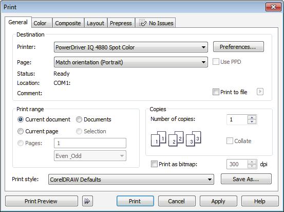 Spot Color Driver User s Manual (Continued...8:0) Printing with PowerDriver IQ 4880 Spot Color 3.) In the Menu Bar, click File > Print (Ctrl + P). This will open the Print window (see FIGURE 3).