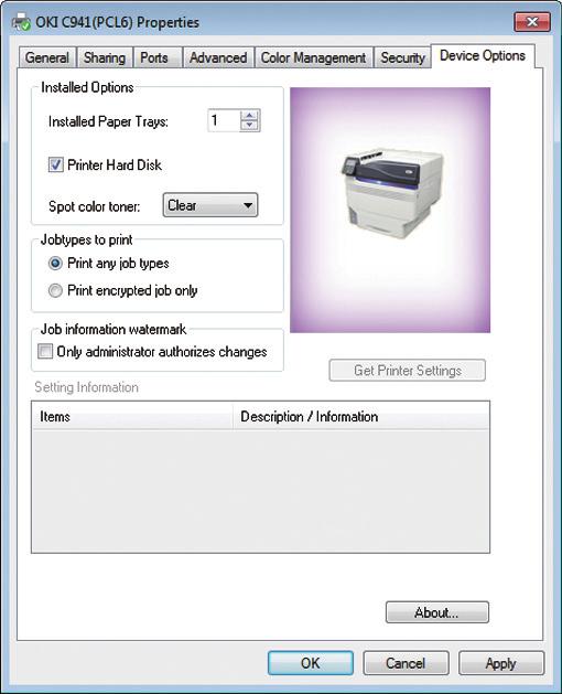 Using Windows PS printer drivers The color of the Spot Color toner that has been mounted is displayed in [Spot Color Toner] in the [Device Settings] tab.