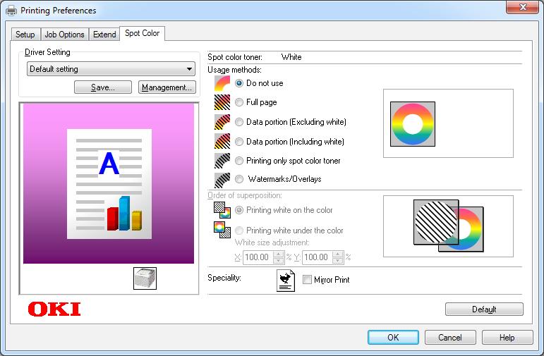 Printer driver functions table Using Windows PCL printer drivers Click the [Spot Color] tab to display the window for setting the Spot color toner.