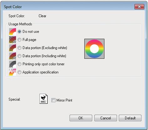 Printer driver functions table With clear toner mounted (C941/ES9541/Pro9541 only) Using Windows PS printer drivers Click [Spot Color] in the [Color] tab to display the window for setting the Spot