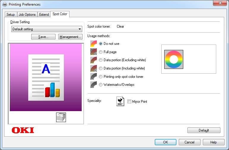 Printer driver functions table Using Windows PCL printer drivers Click the [Spot Color] tab to display the window for setting the Spot Color toner.