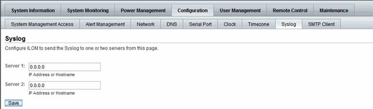 2. Select Configuration --> Syslog. The Syslog page appears. 3. In the IP Address 1 and 2 fields, type the IP addresses for the two locations to which you want to send syslog data. 4.