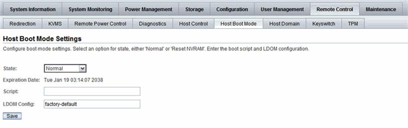 Specify Host Power to a Stored LDom Configuration 1. Log in to the ILOM web interface on a SPARC server. 2. In the web interface, click Remote Host --> Host Boot Mode. 3.