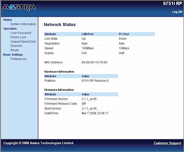 Phone Options via the Aastra Web UI The Network Status window displays for the IP phone you are accessing, as shown here