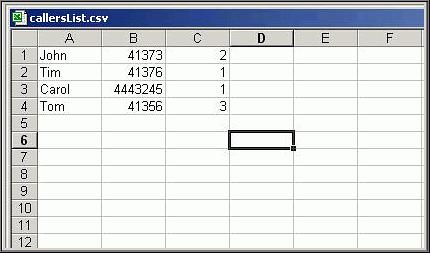 Basic Phone Features You can use any spreadsheet application to open the file for viewing. The following is an example of a Callers List in a spreadsheet application.