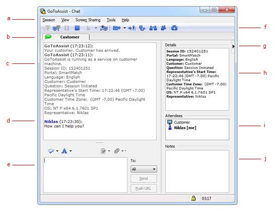 Representative Chat Box Menu Bar: Allows access to various menu tools and commands. (a) Tabbed Interface: Enables you to easily manage multiple sessions.