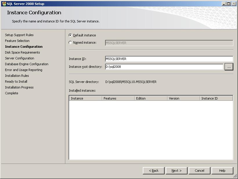 Figure 9 Instance Configuration dialog box Select Default instance and use MSSQLSERVER as the Instance ID.