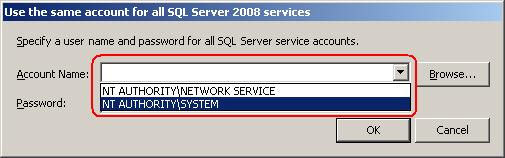 Figure 12 Use the same account for all SQL Server 2008 services dialog box Make sure to use the account