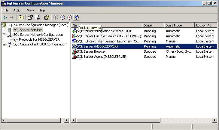 Figure 41 Restart the SQL Server Service The reboot of the Windows operating system can automatically restart all the services.