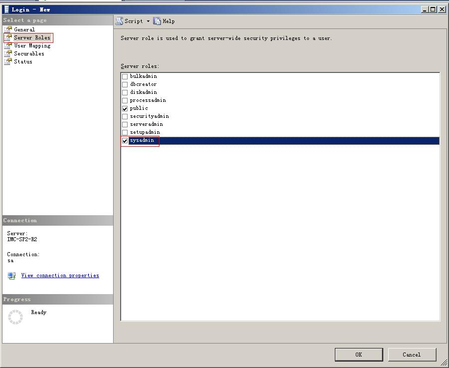 Figure 45 Set server roles Select sysadmin and click OK. The user is granted with the database administrator privilege.
