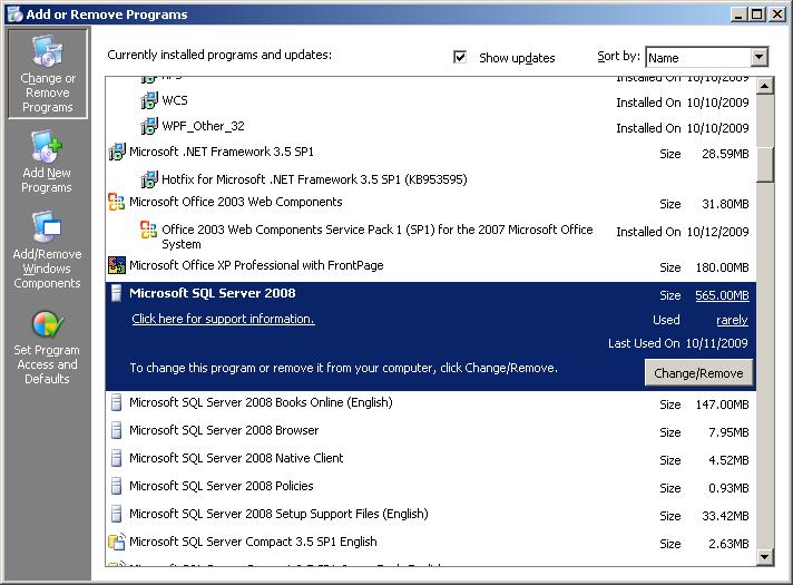 5 Uninstalling SQL Server database If you uninstall the SQL Server database with the Remove function on the Control Panel Add or Remove Programs page, you may fail to uninstall the database (the