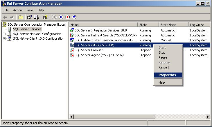 Figure 47 Select the SQL Server Configuration Manager from the Start menu Right-click SQL Server (MSSQLSERVER) on the SQL Server Configuration Manager window and select Properties, as shown in Figure