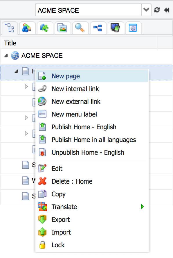 2.2 CREATE A PAGE To create a page, do a rightclick on an existing page in the site tree, then choose Create page in the contextual menu.