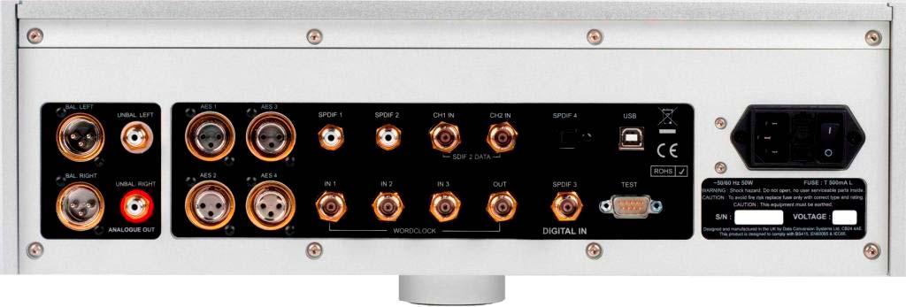 REAR PANEL J K L M --N-- --O-- P Q V ------R------ S T U W Figure 7 Rear panel Analogue Outputs The unit features independent Balanced Outputs (J) on XLR connectors and Unbalanced Outputs (K) on RCA
