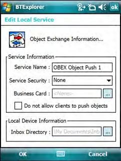 4-28 MC75 User Guide Figure 4-35 BTExplorer Settings - OBEX Exchange Information Table 4-6 OBEX Exchange Information Data Item Description Service Name Service Security Do