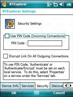 4-30 MC75 User Guide Figure 4-38 BTExplorer Settings - Security Tab NOTE To use PIN Code, select Authenticate or Authenticate/Encrypt from the Service Security drop-down list on each