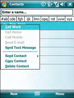 5-6 MC75 User Guide Figure 5-7 Contacts Menu 3. Tap Call Work, Call Home or Call Mobile. NOTE To make a call from an open contact, tap the number to call.