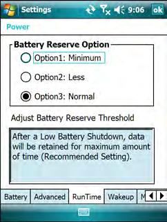 Battery Reserve Options If the charge of the battery reaches a critical threshold, the MC75 shuts down. This threshold can be changed but affects the amount of time that data can be retained. 1.