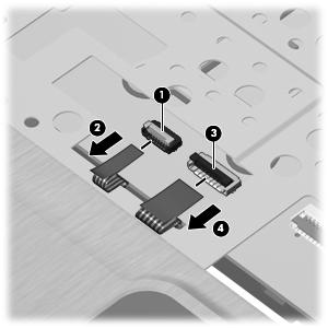 Release the ZIF connector (1) to which the TouchPad button board cable is connected and then disconnect the cable from the system