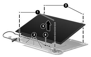 13. Remove the cable from the routing path (3) along the bottom of the enclosure, disconnect the display panel cable from the HP logo light cable (4), and then lift the panel from the enclosure (5).