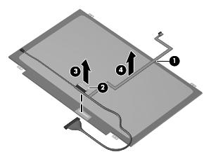 Position the display panel upside down. b. Disengage the webcam cable from the glue securing it to the back of the display (1). c. Peel back the tape that secures the display cable to the display (2).