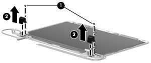 16. Use a tool to gently pry the display hinge covers (2) from the display. 17. Remove the four Phillips M2.5x3.0 screws (1) that secure the display brackets to the display.