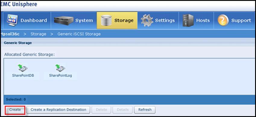 Create generic iscsi storage To create generic iscsi storage, complete the following steps: 1. In Unisphere, select Storage > Generic iscsi Storage. The Generic Storage page appears. Figure 13.
