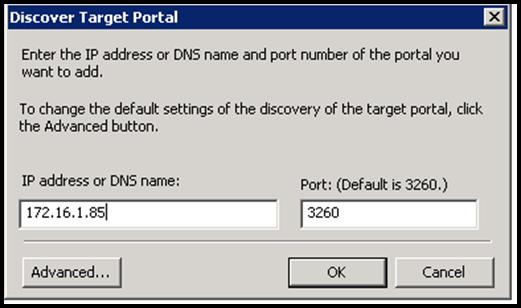 SharePoint Host Server Connectivity Configuration Figure 20. Discover Target Portal dialog box 5. For advanced settings, complete the following steps: a.