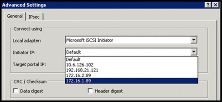 Figure 21. Advanced Setting dialog box Note Note The iscsi protocol offers an additional safeguard called digests. Digests use 32-bit cyclic redundancy checksum (CRC).