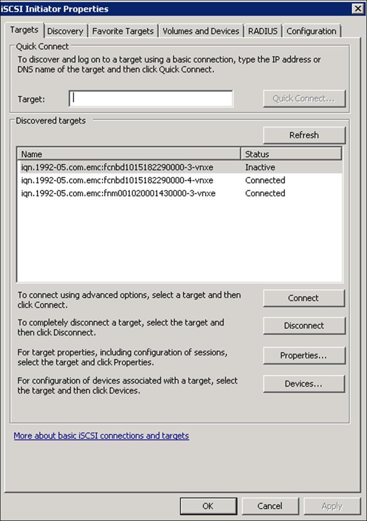 SharePoint Host Server Connectivity Configuration Figure 23. iscsi Targets tab 10. Select Add this connection to the list of Favorite Targets.