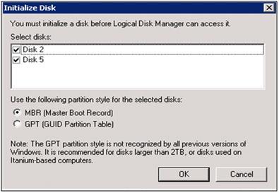 5. Right-click the appropriate disk, and then select Online. 6. Right-click the disk again, and then select Initialize Disk. The Initiate Disk dialog box appears. Figure 26. Select Initialize Disk 7.