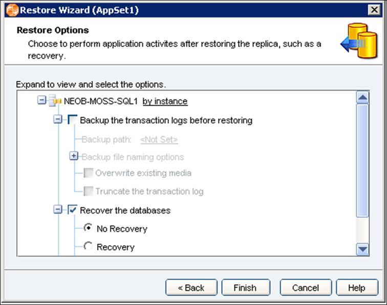 SharePoint Data Replication Using VNXe b. Select Recover the databases. i. No Recovery Instructs the restore operation not to roll back any uncommitted transactions when in no recover mode.