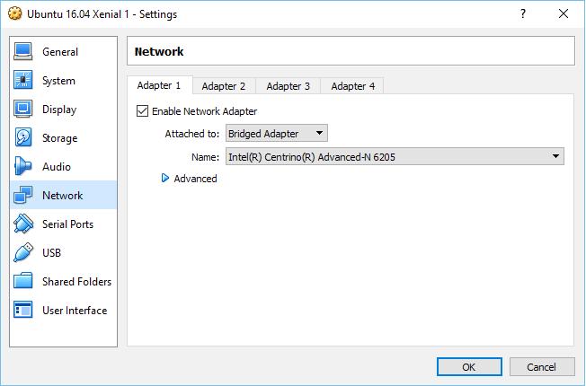 Now, on the Network setup dialog, on the Adapter 1 tab, change the Attached to: drop-down menu selection from NAT to Bridged Adapter.