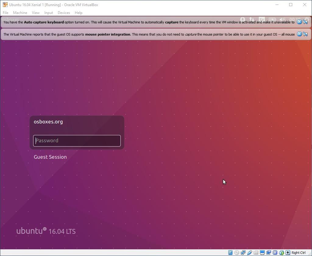 Now we can click Start in VirtualBox Manager window to start our Ubuntu VM. The VM window opens to display the Ubuntu logon screen.