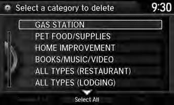 System Setup Personal Information Category History Category History H SETTINGS button Navi Settings Personal Info Category History The navigation system maintains a list of your recently used place