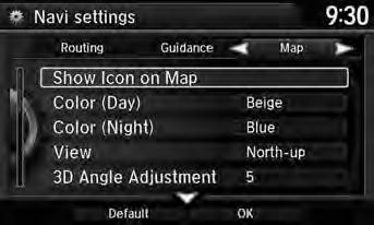 Map H SETTINGS button Navi Settings Map Select the landmark icons to display on the map, change the orientation of the map, display your current location, and learn the meaning of the icons, colors,