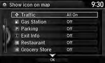 Map Showing Icons on Map Showing Icons on Map H SETTINGS button Navi Settings Map Show Icon on Map Select the icons that are displayed on the map. 1.