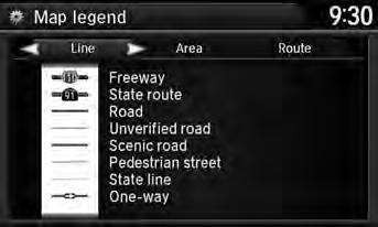 Map Map Legend Map Legend H SETTINGS button Navi Settings Map Map Legend See an overview of the map lines, areas, routes, traffic information, and navigation icons.