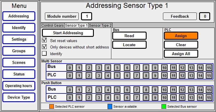 Description of the Configuration Interface 13 7.2.2 Sensor Type 1 Addressing 1) 2) 3) 8) 9) 10) 11) 12) 4) 5) 6) 7) Allocating short addresses can be controlled via Addressing Sensor Type 1.