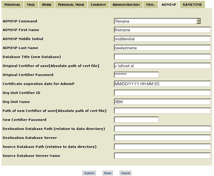 Figure 47: Notes Account form AdminP TAB (Rename command) This AdminP request creates a request in admin4.nsf 