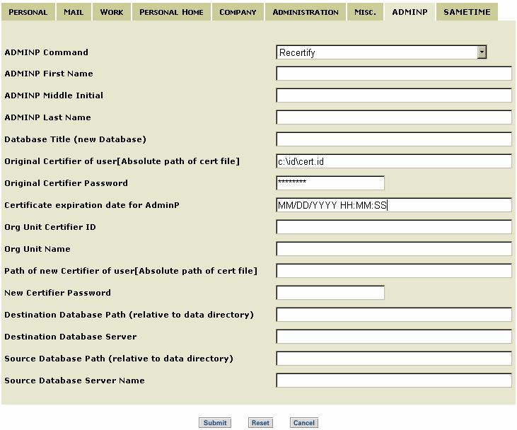 Figure 48: Notes Account form AdminP TAB (Recertify Command) This AdminP request creates a request in admin4.nsf to recertify a user.