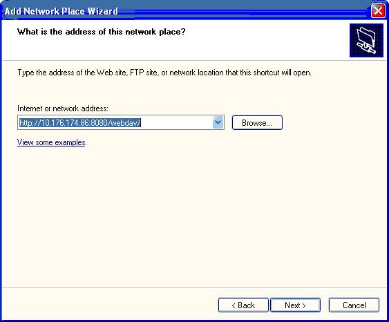 Chapter 2: Setting up the Agile Drive 4. Select Chose another network location and click Next. The What is the address of this network place screen appears. 5.