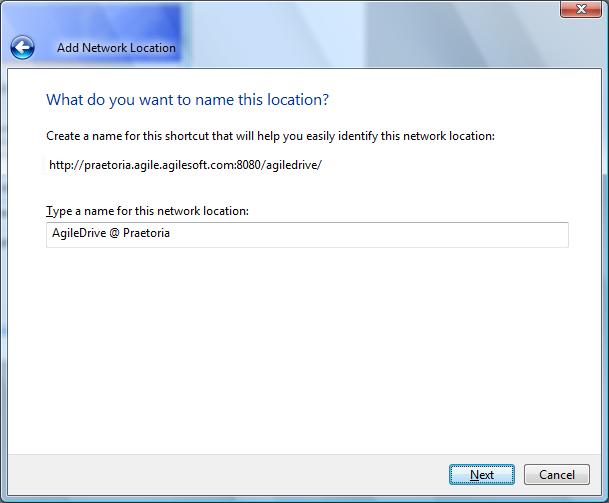 Chapter 2: Setting up the Agile Drive The What do you want to name this location screen, with a