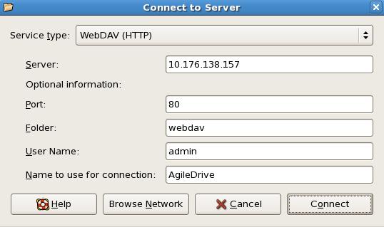 Chapter 2: Setting up the Agile Drive The Connect to Server screen appears. 2. Enter the following parameters: Service type Select WebDAV (HTTP) from the drop-down list.