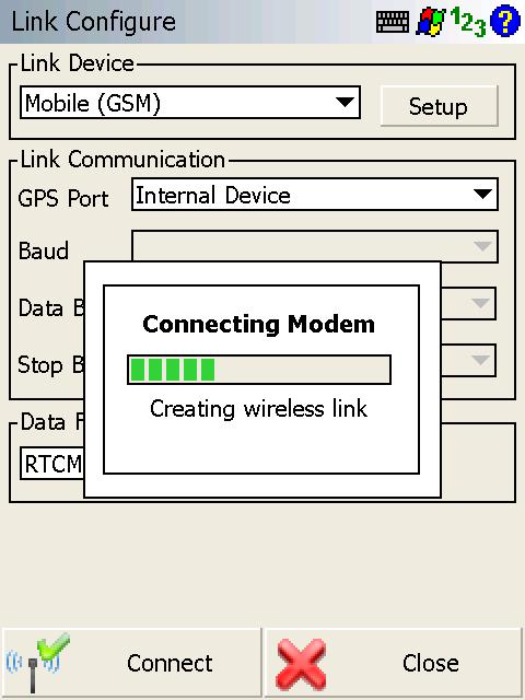 The message Creating wireless link is displayed when Modem and