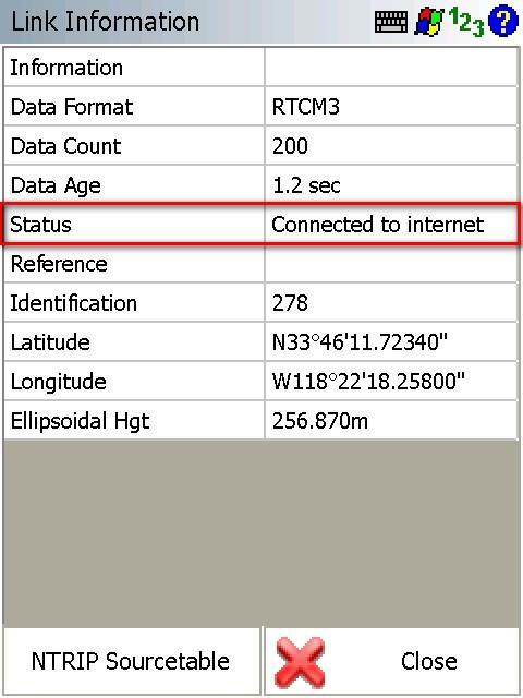 The Link Information menu will show Connected to internet when the modem is receiving RTK