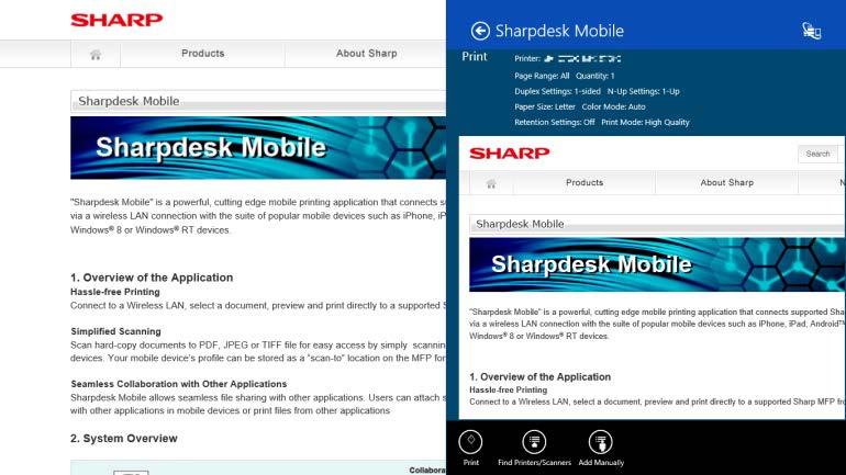9 Print IV. Sharpdesk Mobile application opens in the Share charm. Tap "Print" in the AppBar. V. Go to step IV in section 9.