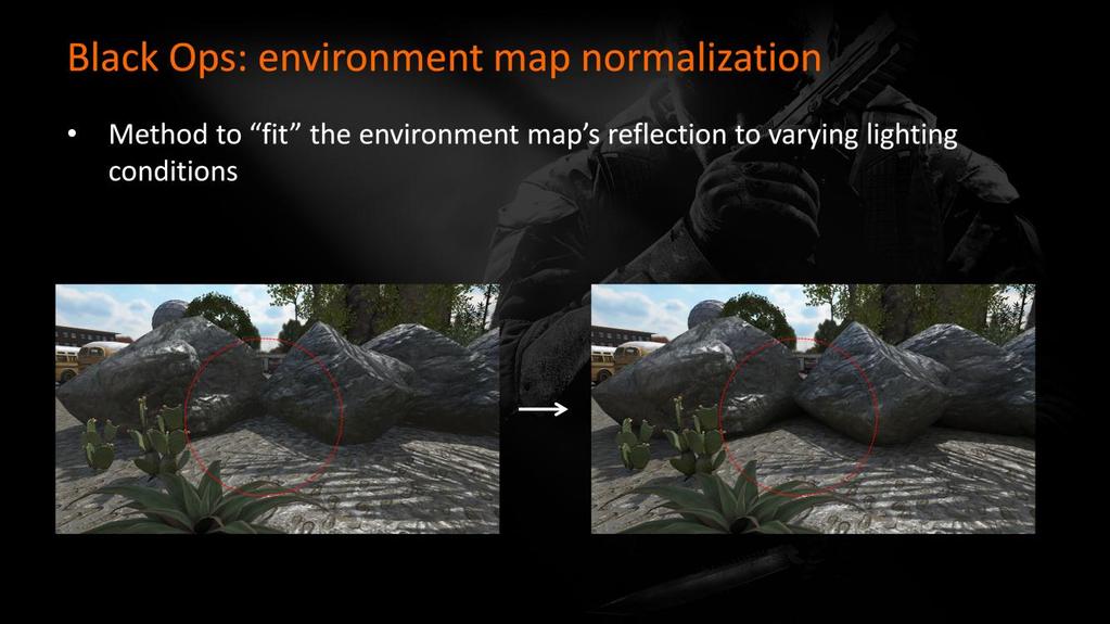 Switching gears: indirect specular via environment maps. We capture environment maps at artist-selected locations in the level.