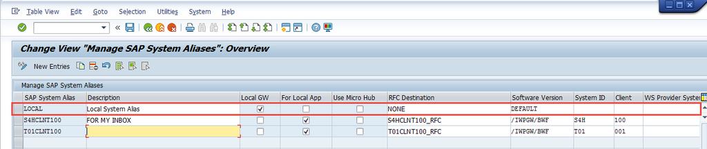 9. Create an SAP system alias called LOCAL, RFC destination to NONE.